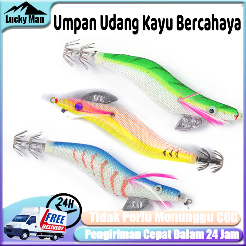 Umpan pancing kayu bercahaya untuk udang, gurita, cumi-cumi, dan cumi-cumi. Cocok untuk memancing ma