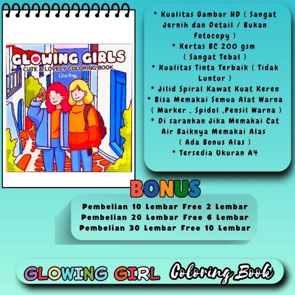 

Buku Mewarnai Tema Glowing Girl's Coloring Book Cute And Lovely Kualitas Gambar HD Jernih Bagus Kertas Premium Tebal 200 gsm