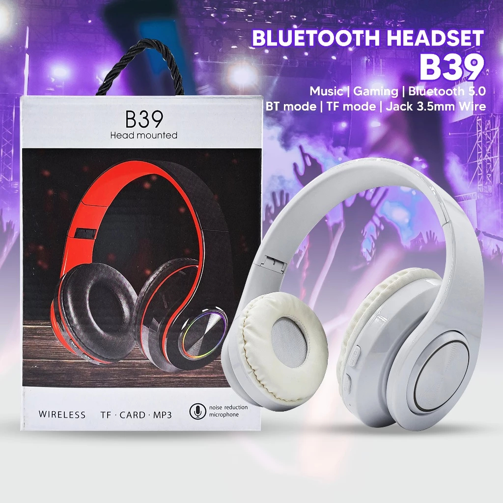 Earphone Bando B39 Bluetooth Mic Headphone Bando Wireless B39 Bluetooth Mic Led