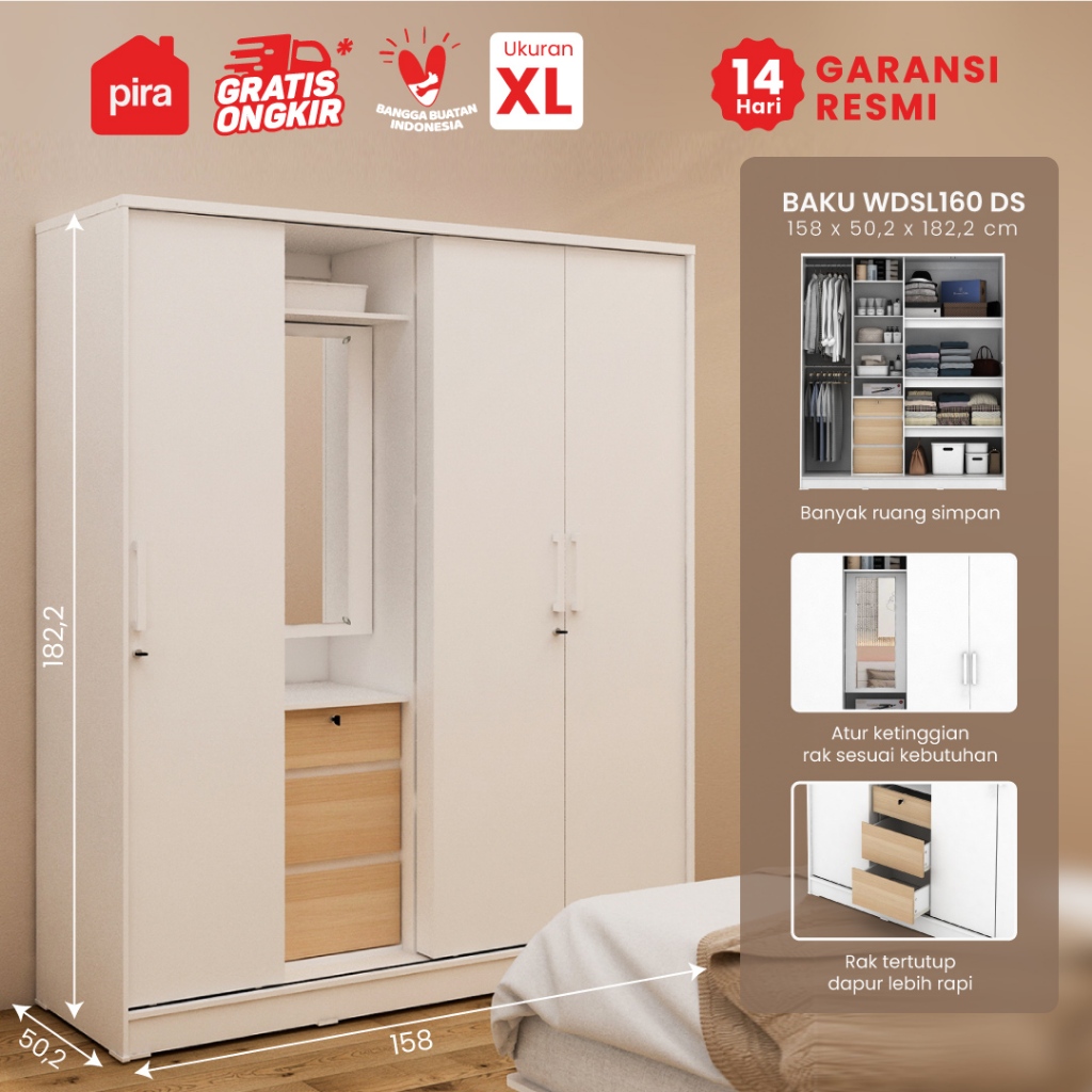 PIRA METROPOLIS -  BAKU WDSL160 DS Lemari Pakaian Pintu Sliding dengan Meja Rias