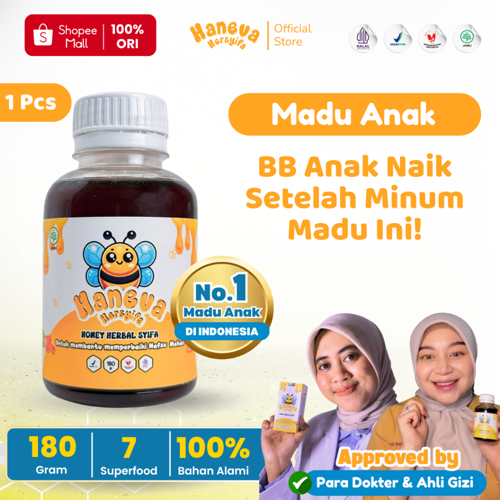 

HANEVA HERSYIFA - Madu Anak Penambah Nafsu Makan - 2 Thn Keatas | BPOM dan Halal MUI - 180 Gr