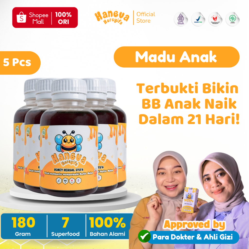 

HANEVA HERSYIFA - Madu Penggemuk Badan Anak - 2 Thn Keatas | BPOM dan Halal MUI Isi 5 Pcs