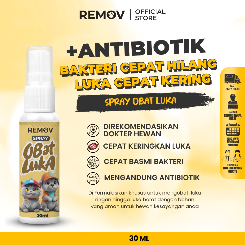REMOV Spray Obat Luka untuk Kucing & Anjing, Mengobati Luka Bakar, Borok, Luka Cakar, Robek, Efektif