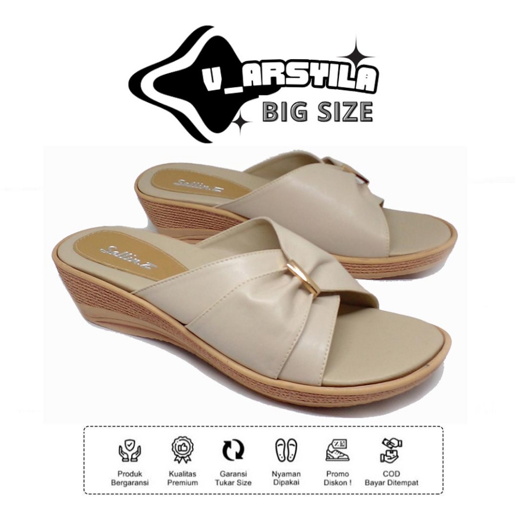 Sandal Wanita Wedges Beige Hak Rendah 3cm ARSYILA 1.4 Sendal Pesta Kondangan Ibu Ibu Import