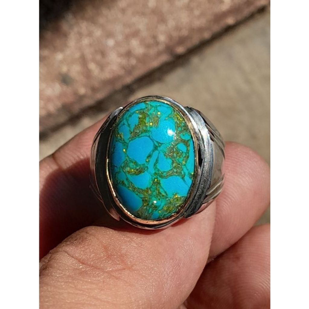 Cincin batu akik Pirus Mekah Urat Mas