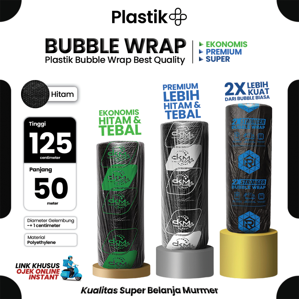

Plastik Bubble Wrap Roll Hitam 125cm x 50m Berat 3Kg Merek DKMPlus dan Rusfet Coreless Harga Grosir