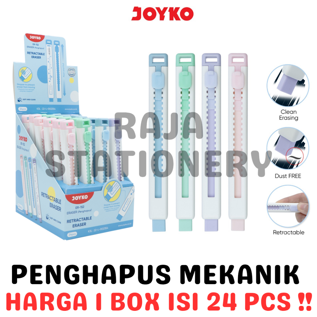 

JOYKO SLIDING ERASER MECHANICAL PASTEL RETRACTABLE / PENGHAPUS MEKANIK JOYKO UJIAN PANJANG ER-152 BOX [24PCS]