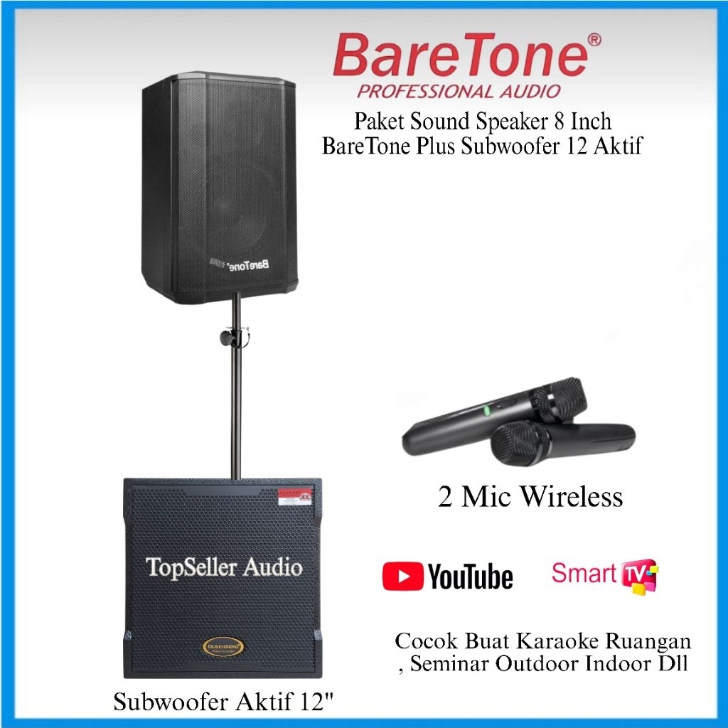 Paket Speaker Karaoke BareTone Max08Bx 8 Inch Bluetooth Original Plus Subwoofer Standing 12 Inch Akt