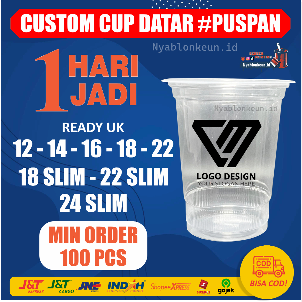Sablon Cup Plastik Datar Ecoplas Custom Gelas Kopi Boba 12 - 24 oz Slim