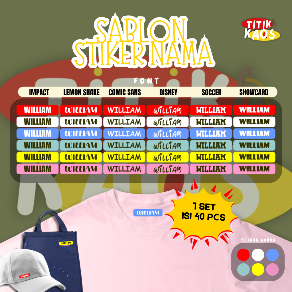 

Titik Kaos SABLON LABEL SETRIKA DENGAN BACKGROUND TANPA GARIS TEPI - 1 SET ISI 40PCS - Sablon Label Stiker Nama Lucu Viral SABLON LABEL NAMA CUSTOM UNTUK KAOS SERAGAM TOPI TOTEBAG SABLON STIKER KAIN VARIASI NAMA VAR 2