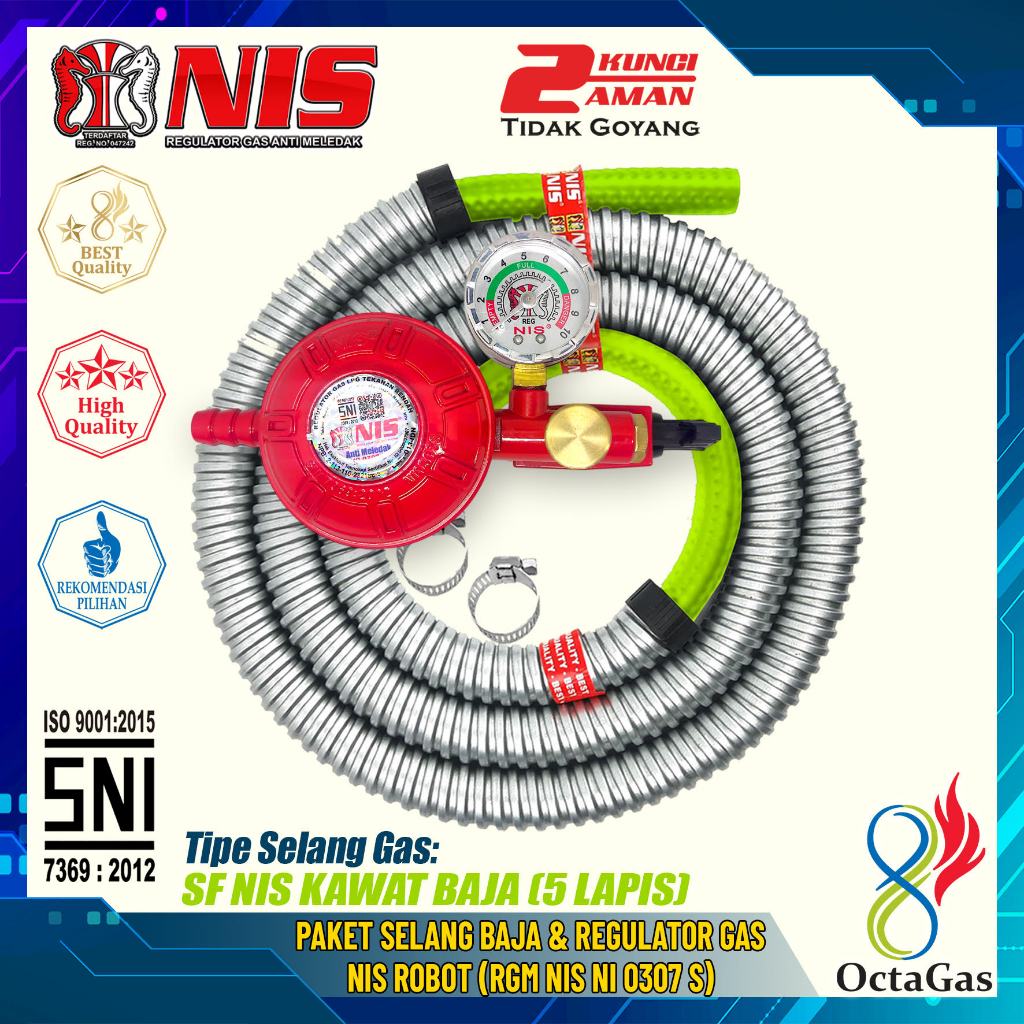 Nis Paket Selang Gas Lapis Baja + Regulator Kompor Gas Robot (NI 0307 S)