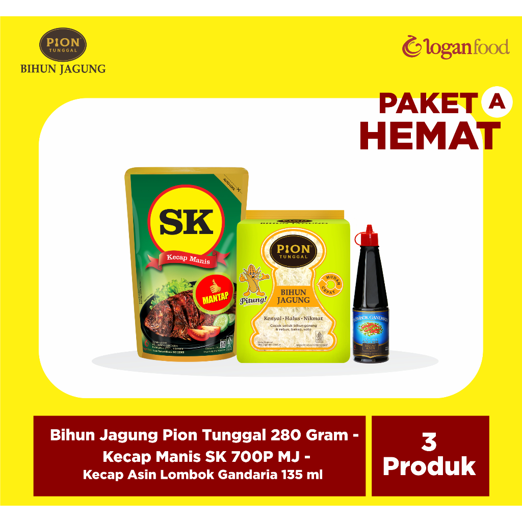 

PAKET HEMAT (A) - BIHUN JAGUNG PION 280G- KECAP MANIS SK 700P MJ -KECAP ASIN LOMBOK GANDARIA 135ML