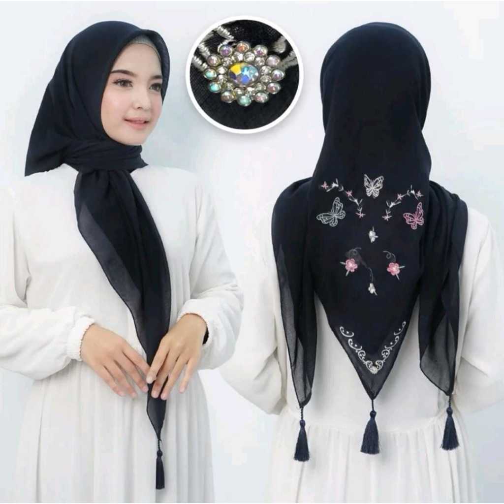 Hijab Segi Empat Tassel Bordir Motif Kupu-Kupu/ Jilbab Paris Sulam Bordir Butterfly Viral