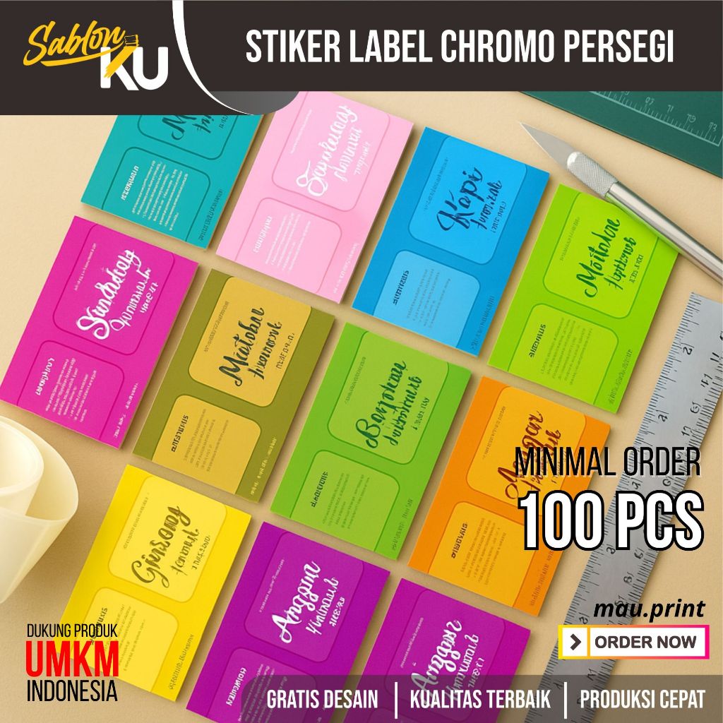 

cetak stiker sticker chromo kertas glossy custom desain label produk makanan minuman kemasan online shop persegi kotak murah