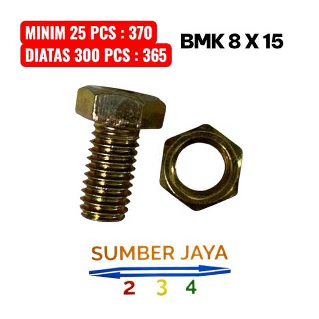 BAUT MUR 8 X 15 KUNING  baut siku lubang dll kunci 12  diameter baut 8 mm panjang 15 mm BMK TERMURAH