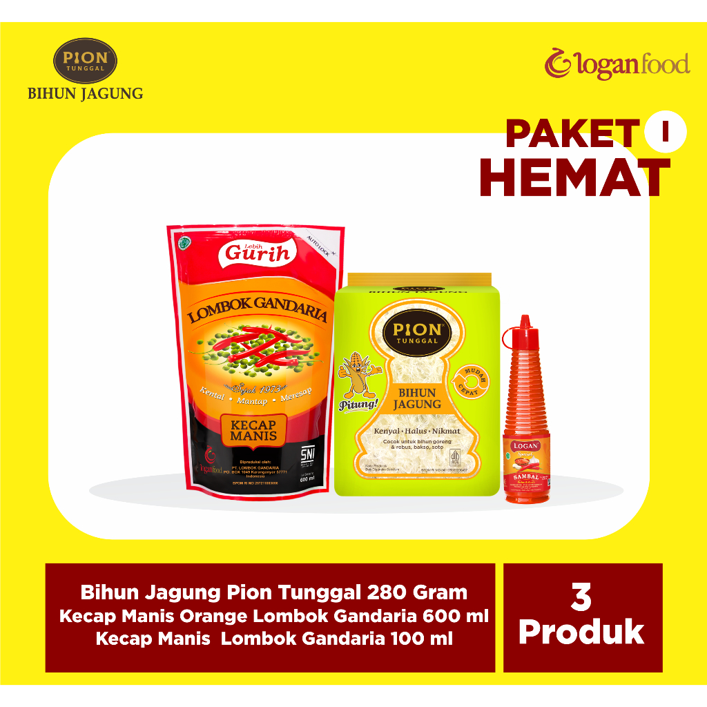 

PAKET HEMAT (I) - BIHUN JAGUNG PION HIJAU - KECAP MANIS LOMBOK GANDARIA ORANGE 600P - SAOS LOGAN SPESIAL 135ML