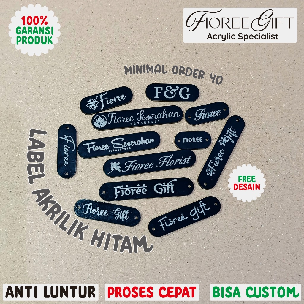 (fioree.gift) LABEL AKRILIK HITAM | LABEL HIJAB BAJU MEWAH | LABEL CUSTOM TULISAN | LABEL AKRILIK PR