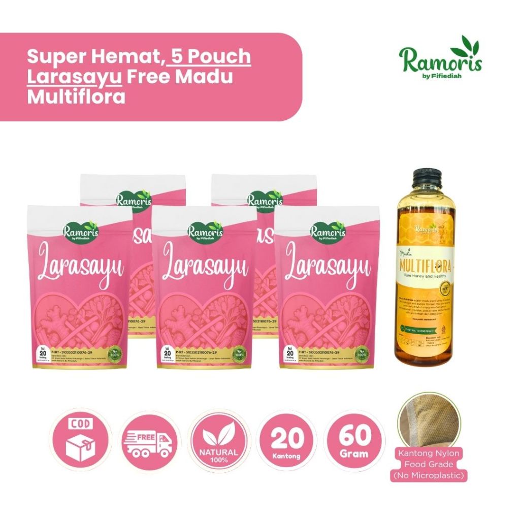

[Paket 5 Pouch] Larasayu Teh Rimpang Detok Rahim | Atasi Masalah Kewanitaan | Lancar Haid Free Madu Multiflora