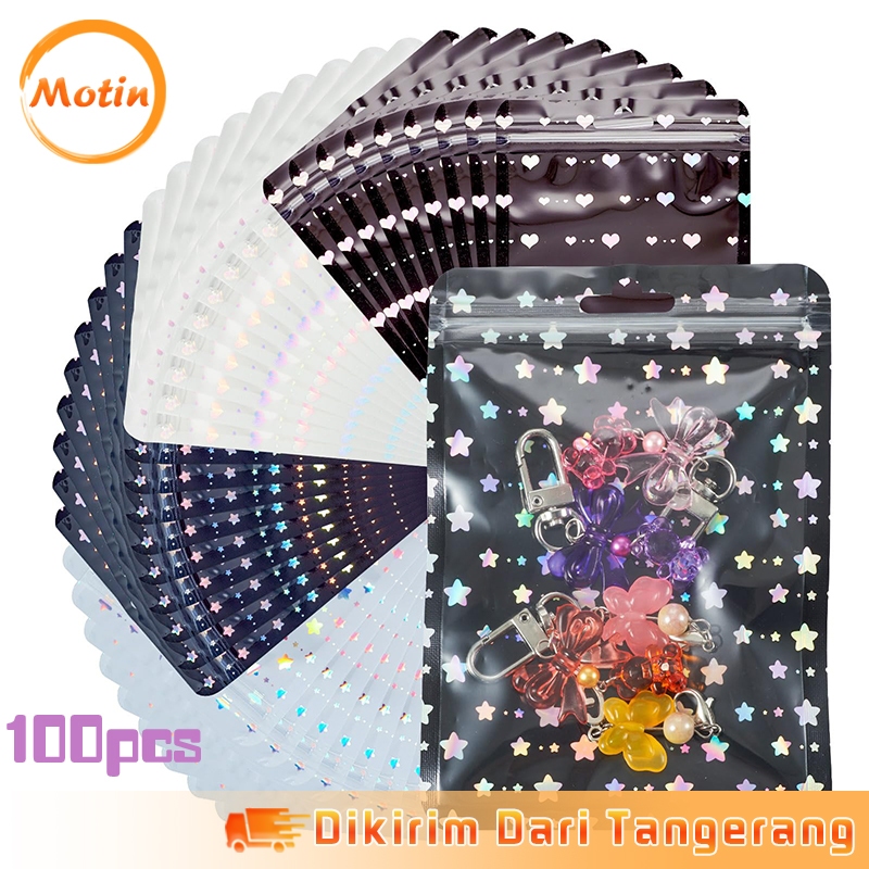 100pcs Plastik Ziplock Hologram Fancy Plastik Ziplock Star Hati Kantong Perhiasan Ziplock