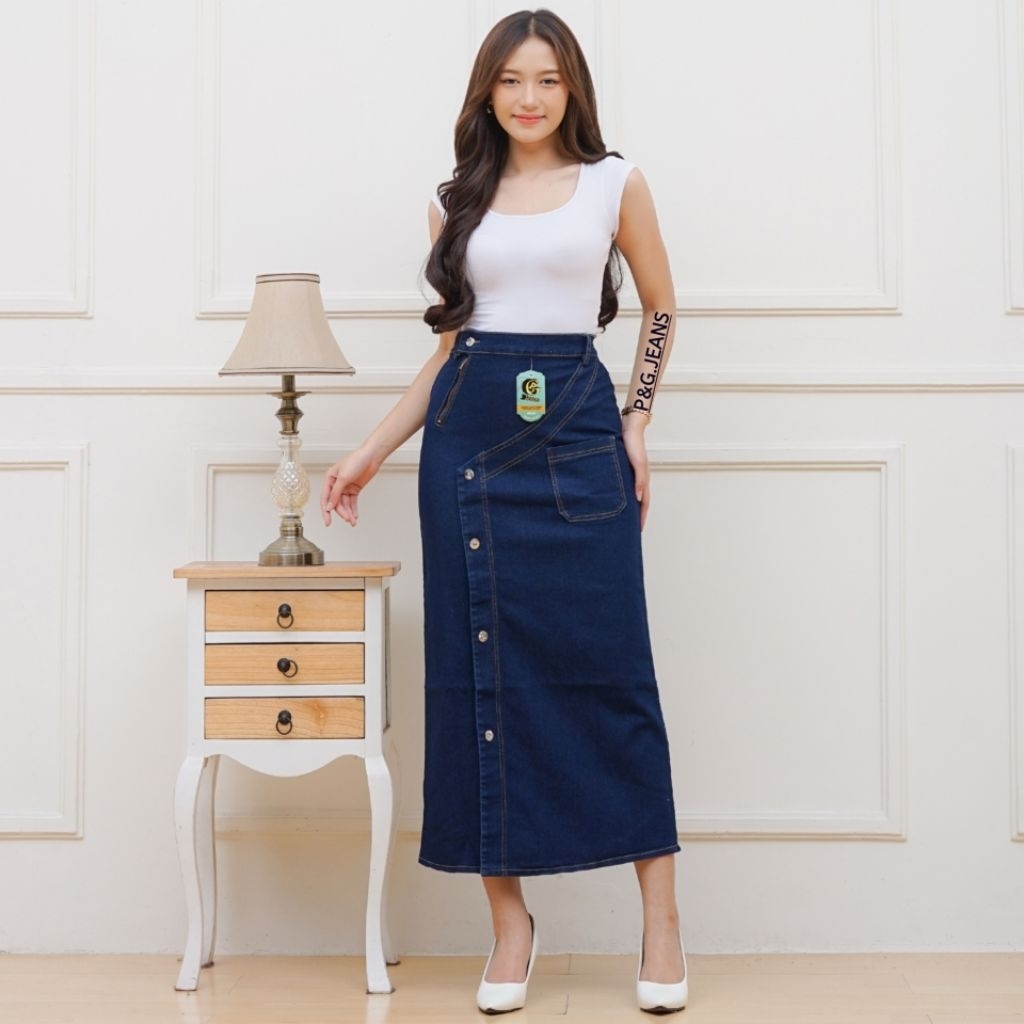 Pg Jeans - Nikita Rok Jeans Skirt Panjang Wanita Kancing Karet Belah Depan