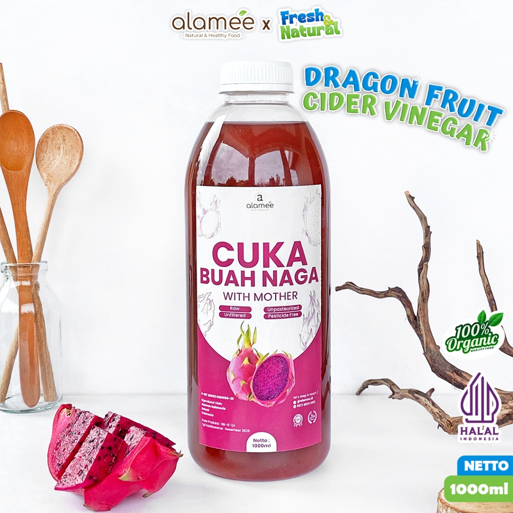 

ALAMEE Cuka Buah Naga Organik Dragon Fruit Cider Vinegar With Mother Fermentasi Probiotik 1000ml fresh and natural