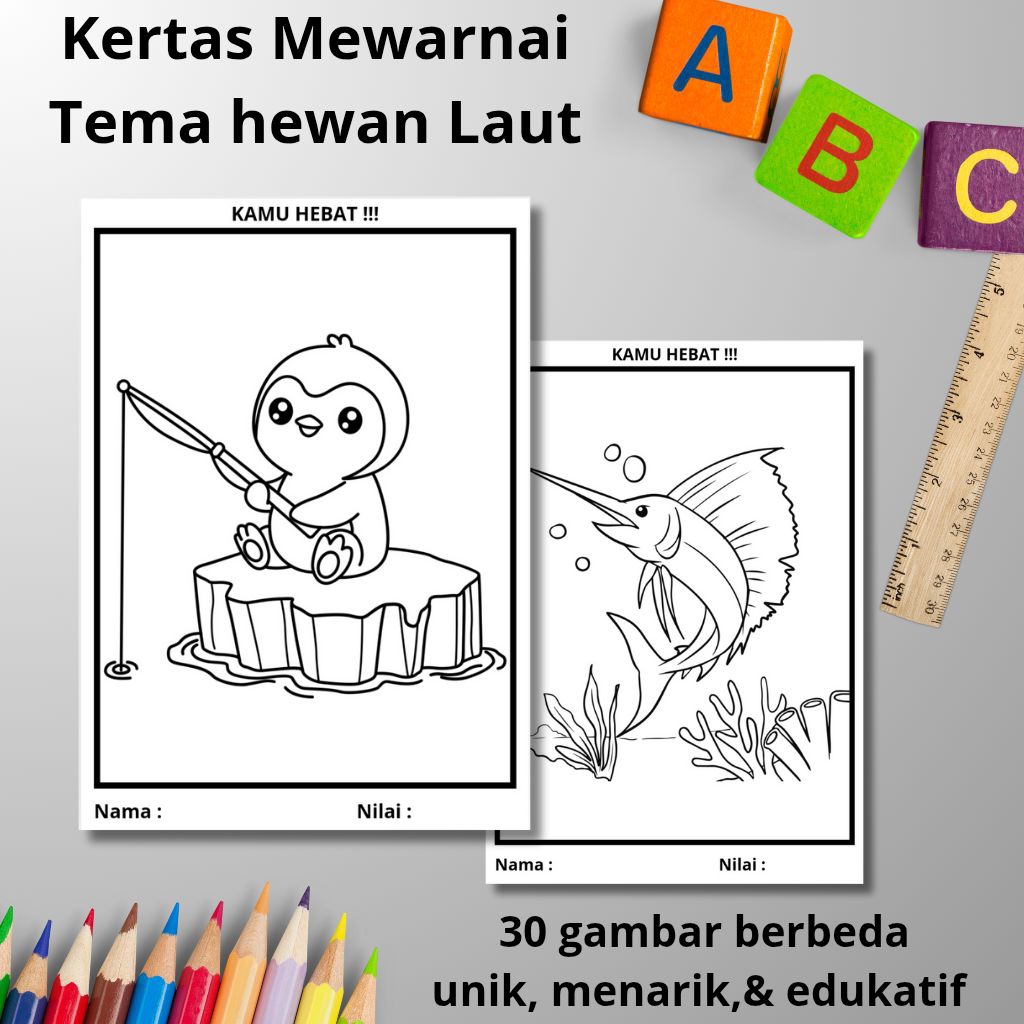 

Kertas Mewarnai Anak Tema Hewan Laut 30 Lembar Ukuran A4 & A5 Kertas Tebal