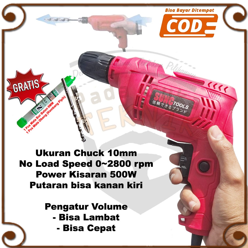 Mesin Bor Listrik Set Tangan 10mili Bolak Balik Electric Drill Variable Speed Bisa Atur Kecepatannya