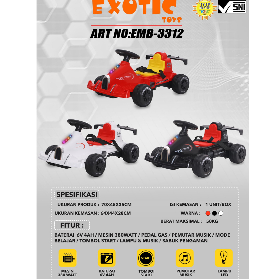 Mainan Anak Sepeda Gowes Gokart ET 5888 - RECHARGEABLE CAR EMB-3312 (GO KART) EXOTIC