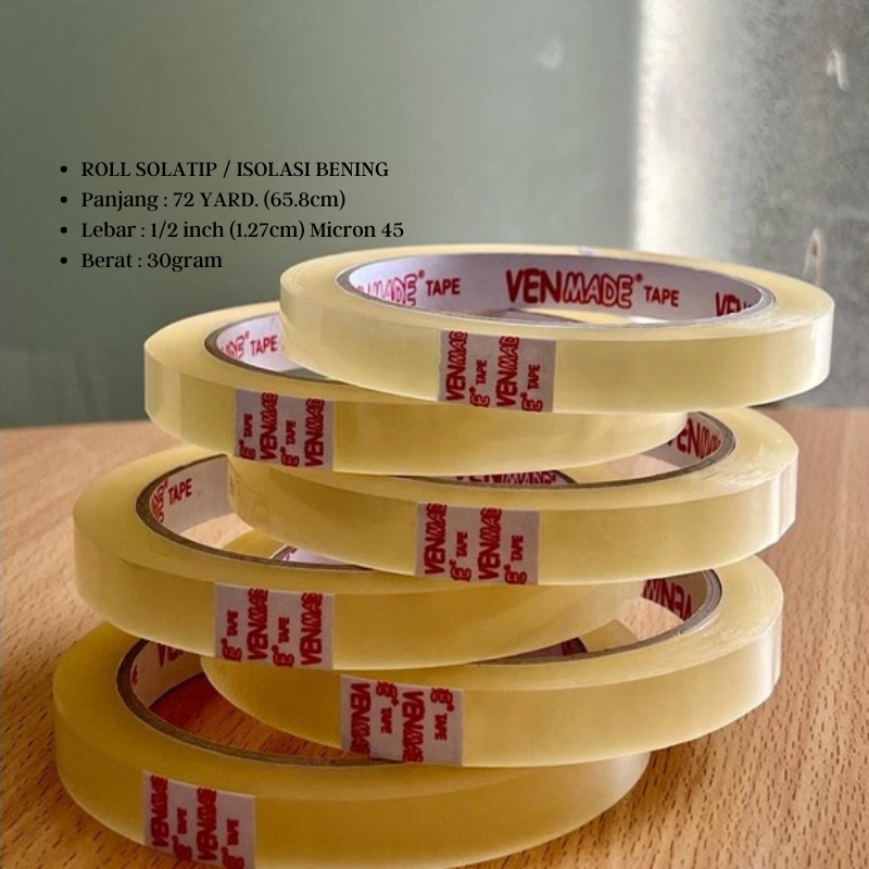 

JESSTORE Lakban Isolasi Solatip Bening 1/2 Inch Panjang 72 Yard Per Roll Tahan Air Serbaguna