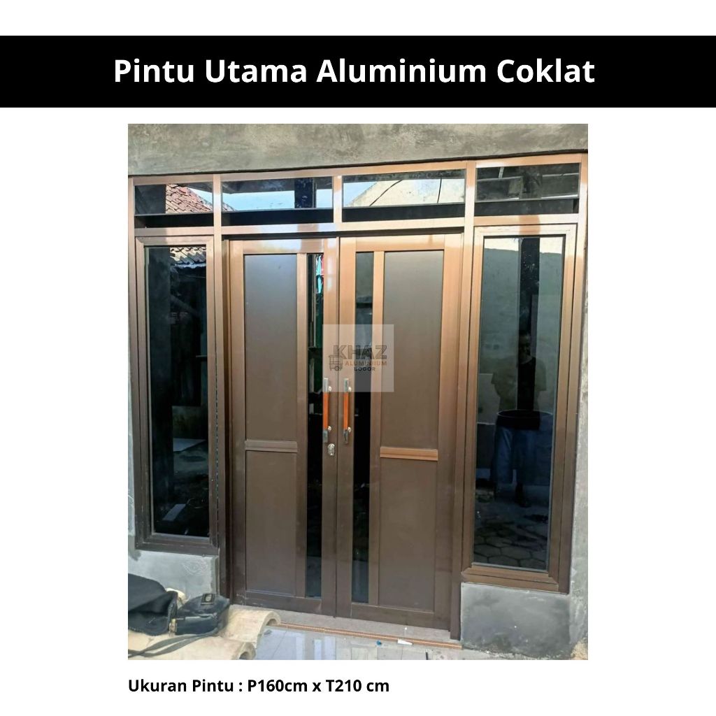 Pintu Aluminium Utama Coklat Kaca Hitam | Ukuran 160 x 210 cm | Kusen & Daun Pintu