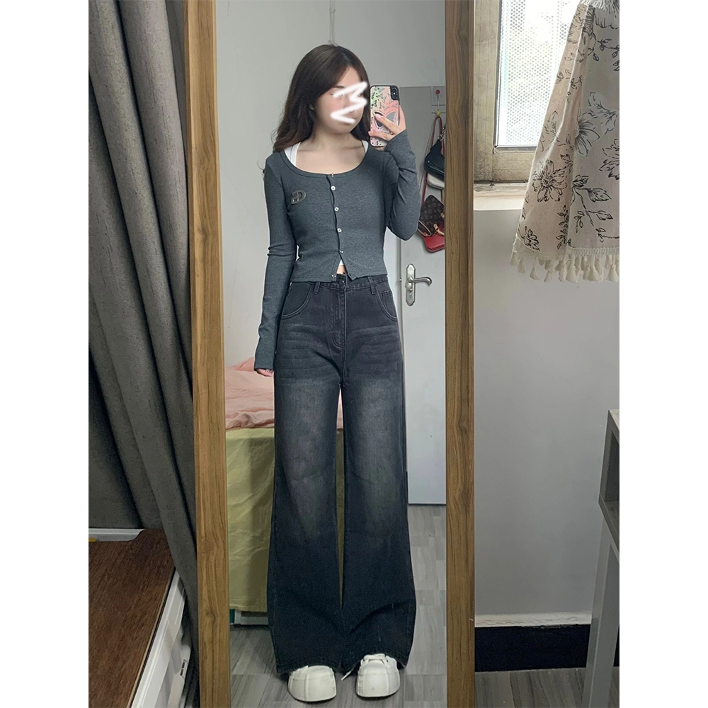 YOYO - Highwaist Celana Loose Baggy Jeans Abu Hitam Kulot Jeans wanita Premium Celana Panjang