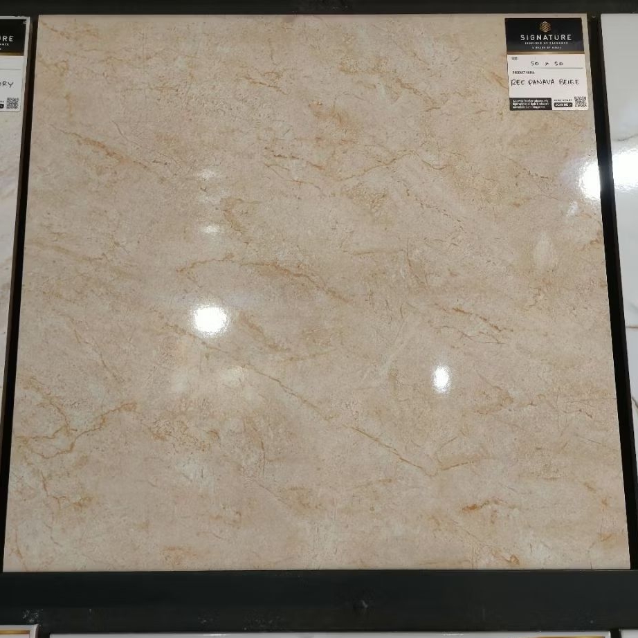 Keramik Lantai Cutting Mulia Signature 50x50 Panama Beige Glossy Kualitas Pertama