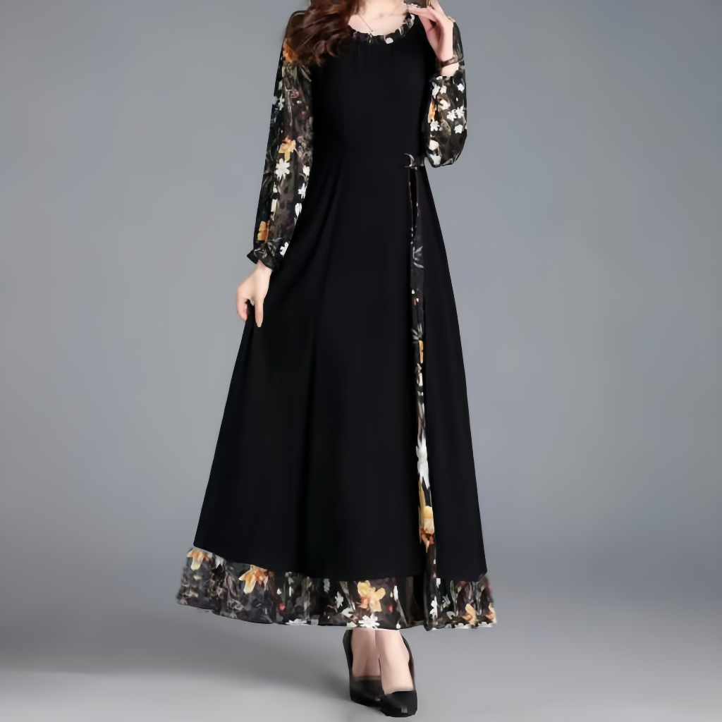 Long Black Dress Floral Korea Style Lengan Panjang Hijab Friendly
