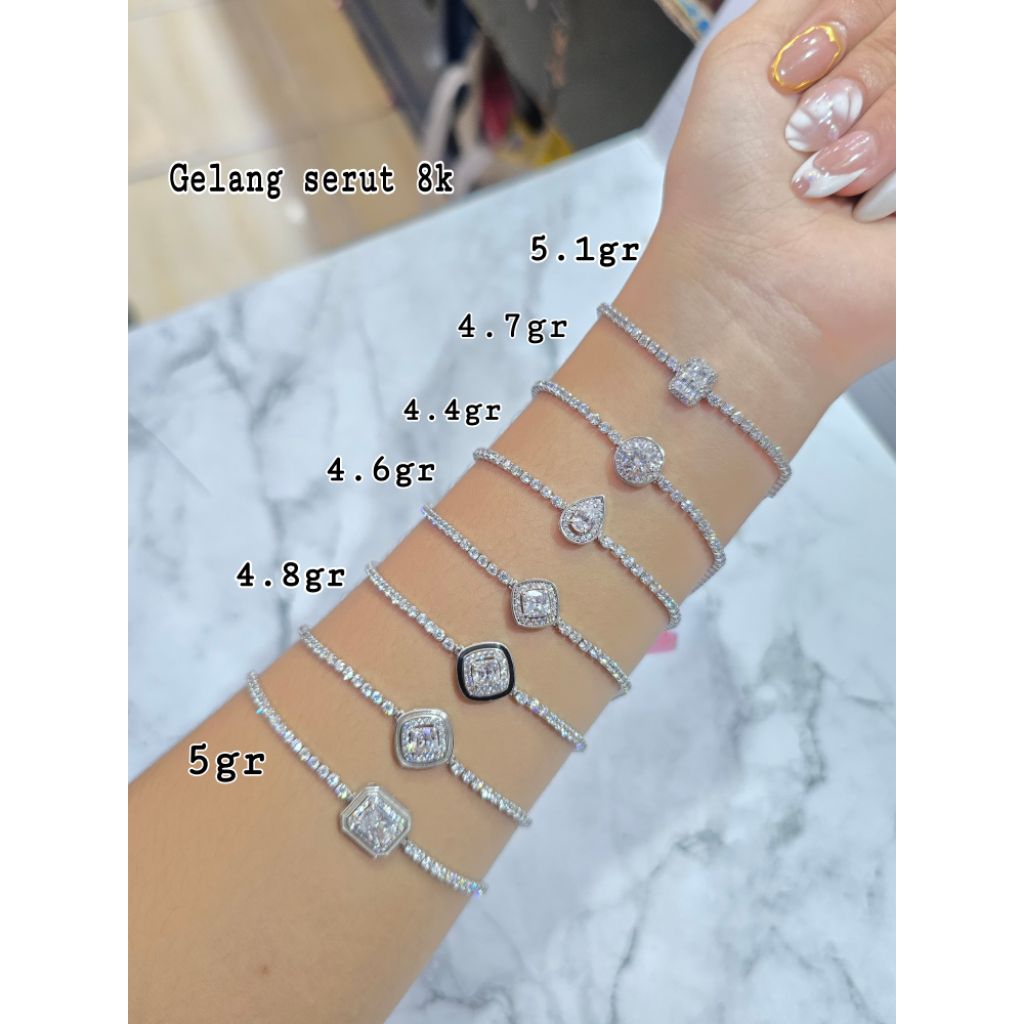 Gelang Serut Emas Putih Kotak Bulat Oval