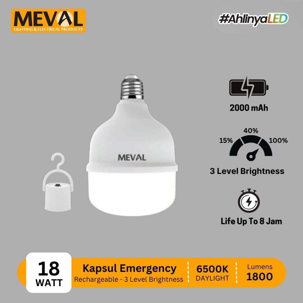 MEVAL Lampu Darurat LED Kapsul Emergency 3 Level Brightness - 18 Watt
