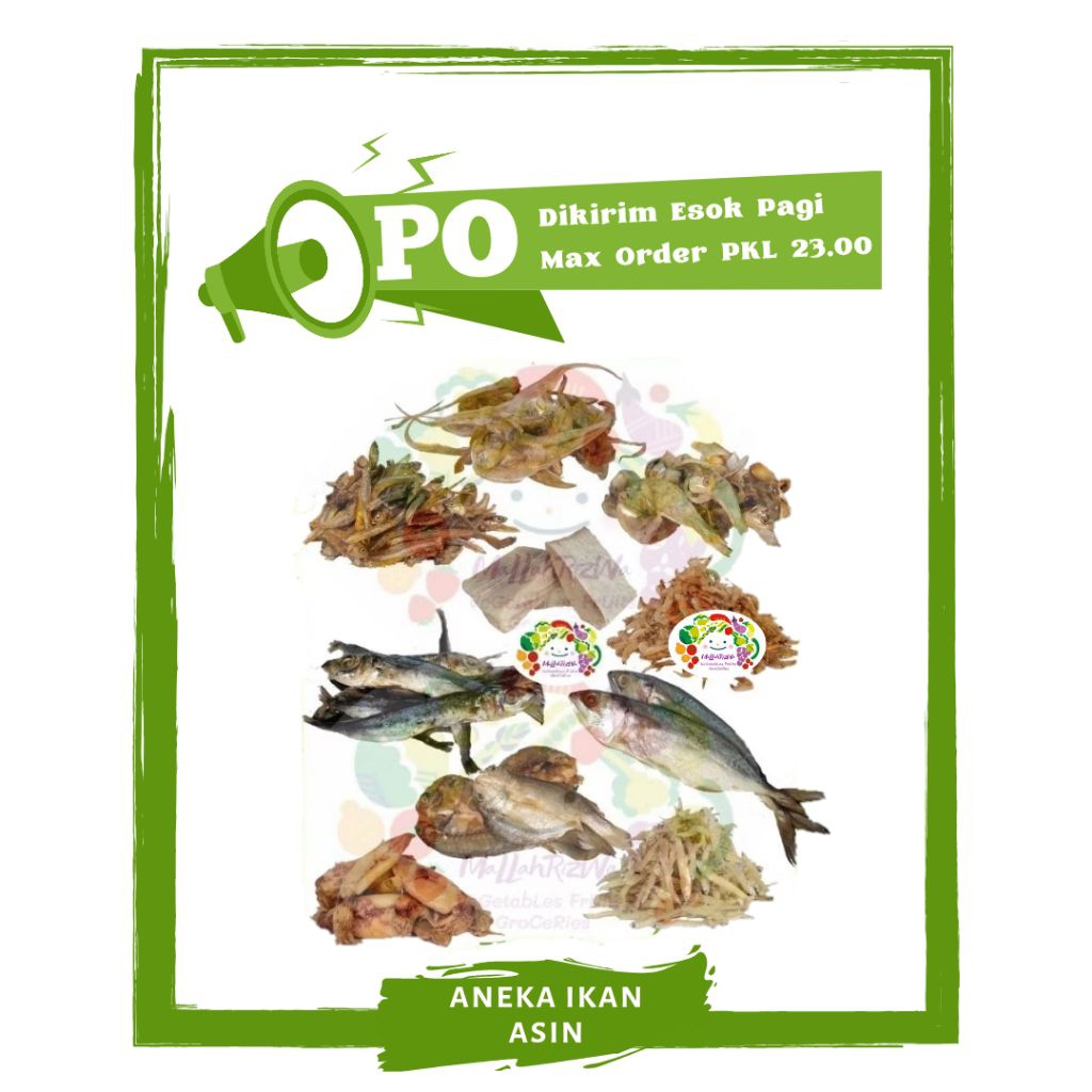 

Aneka Ikan Asin /Teri Putih / Grago / Pedo / Klotok / Glomo / Ikan Asin Lauk Pauk PO Mallahrizwa