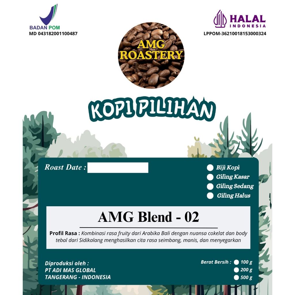

Kopi Premium Blend AMG-02/Arabika Sidikalang & Bali – Biji atau Bubuk - 100g / 200g / 500g – Fresh Roast, Halal & BPOM