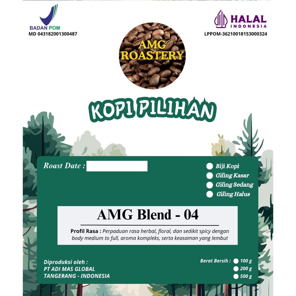 

Kopi Premium Blend AMG-04/Arabika Sidikalang + Toraja + Lintong – Biji atau Bubuk - 100g / 200g / 500g – Fresh Roast, Halal & BPOM