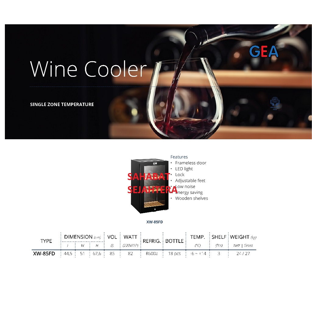 GEA Wine Cooler Single Temperature XW-85FD Kulkas Pendingin Penyimpan Wine