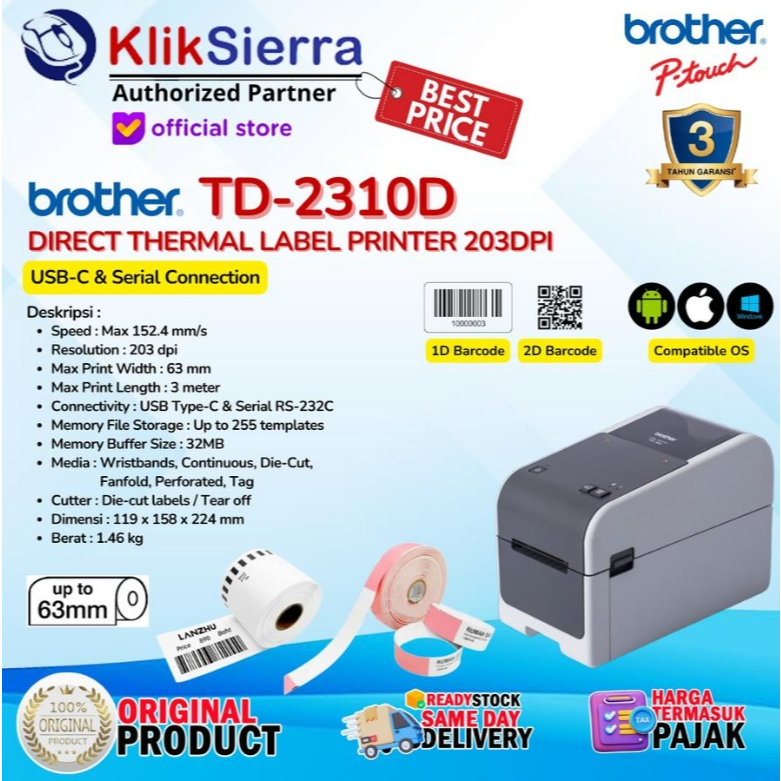 BROTHER TD2310 TD-2310 203DPI USB-C SERIAL Printer Label Direct Thermal & TD2320 TD-2320 LAN Network