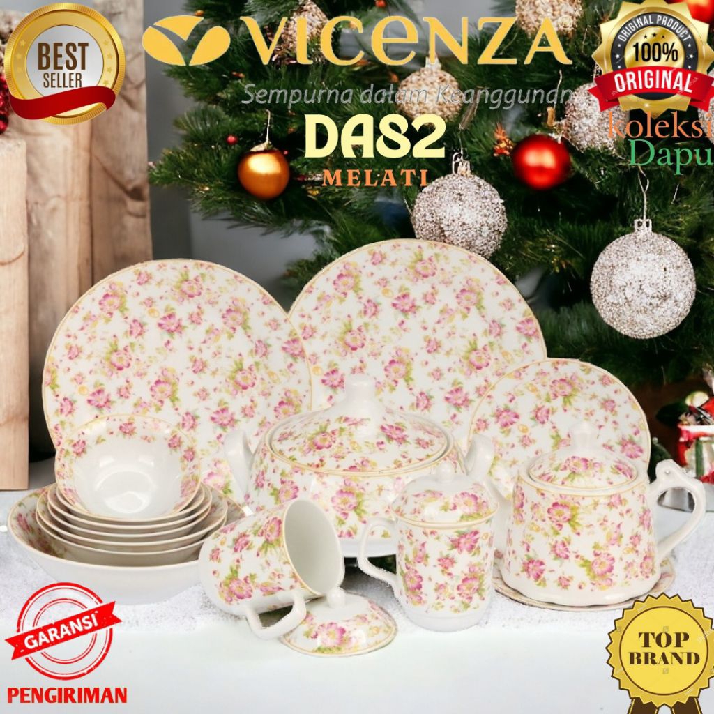Set Perlengkapan Makan Vicenza Da82 MELATI, dilengkapi Mug teko piring mangkuk hingga tutupnya ASLI 