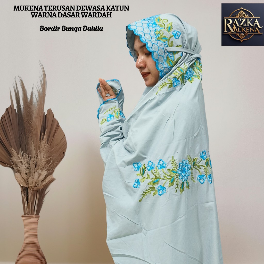 Mukena Terusan Dewasa Bahan Katun Polino Warna Biru Wardah Bordir Bunga Dahlia Indah