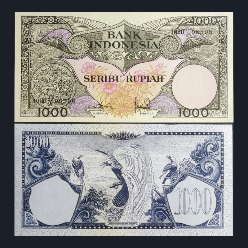 Uang Kuno Indonesia 1000 Bunga Tahun 1959 | UNC | Gress
