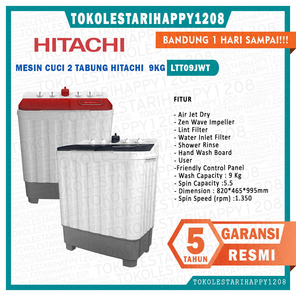 HITACHI Mesin Cuci 2 Tabung 9Kg LTT09JWT Garansi Resmi