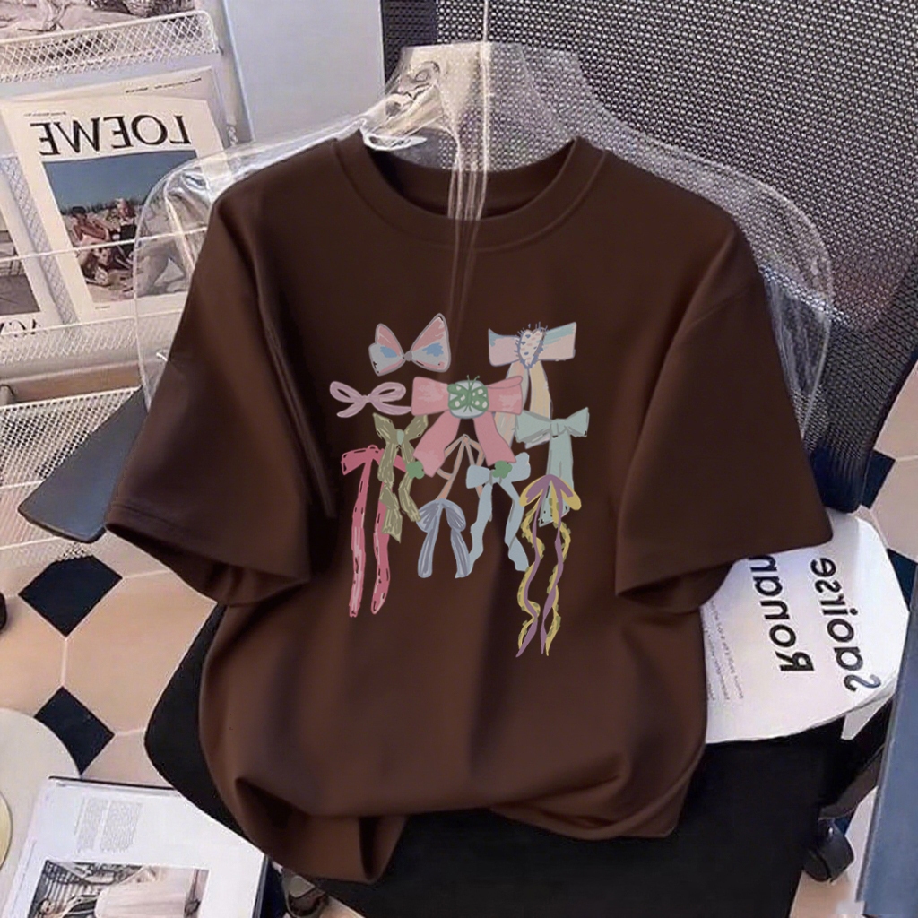 XZHAINV Kaos lengan pendek cetak busur wanita Korea/pakaian wanita gaya modern/atasan coklat modis d