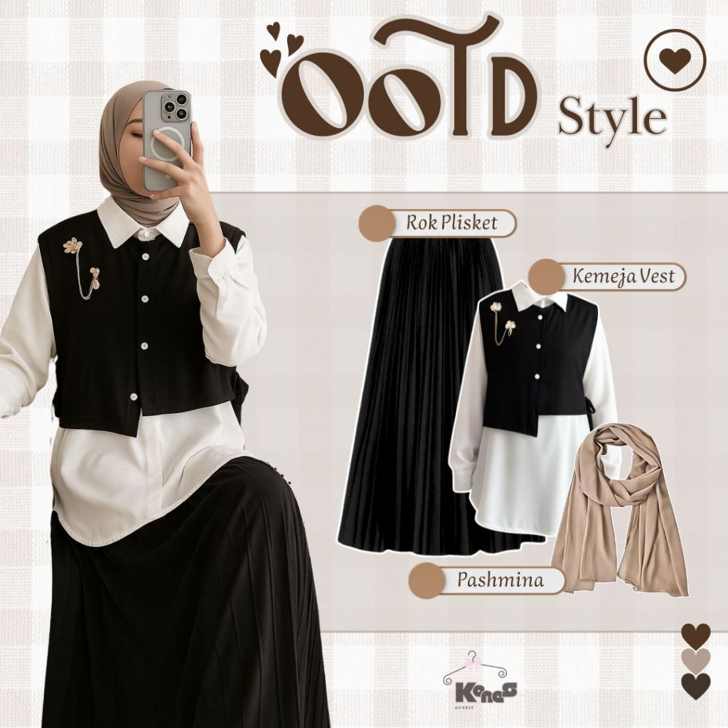 OOTD Style Hijab (Kemeja Voila Vest, Rok Plisket, Pashmina Ceruty Hitam) Oneset 3in1 Korean - KN22