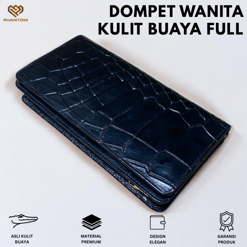 DOMPET KULIT WANITA - DOMPET LIPAT WANITA KULIT BUAYA ASLI - DOMPET KULIT BUAYA BESAR WANITA HITAM