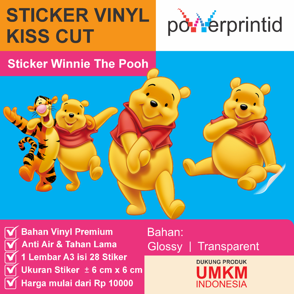 

Sticker Winnie the Pooh Lucu – Vinyl Kiss Cut | Waterproof & Tahan Lama | 28 Desain Unik A3