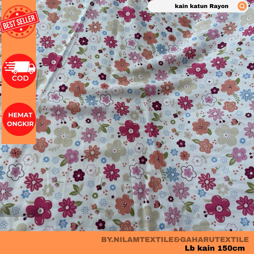 kain katun rayon/bahan rayon viscose-rayon premium-motif bunga warna warni-kain/bahan meteran gaharu