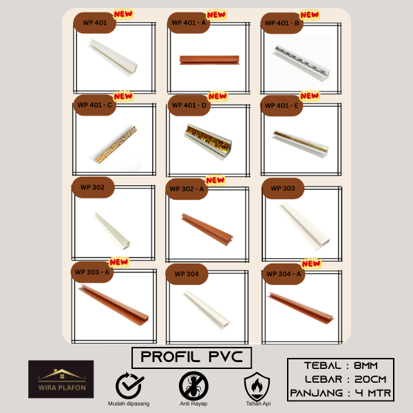 Wira Plafon - Lis Profil PVC, Siku PVC, Sambungan (H) PVC, U-clip PVC